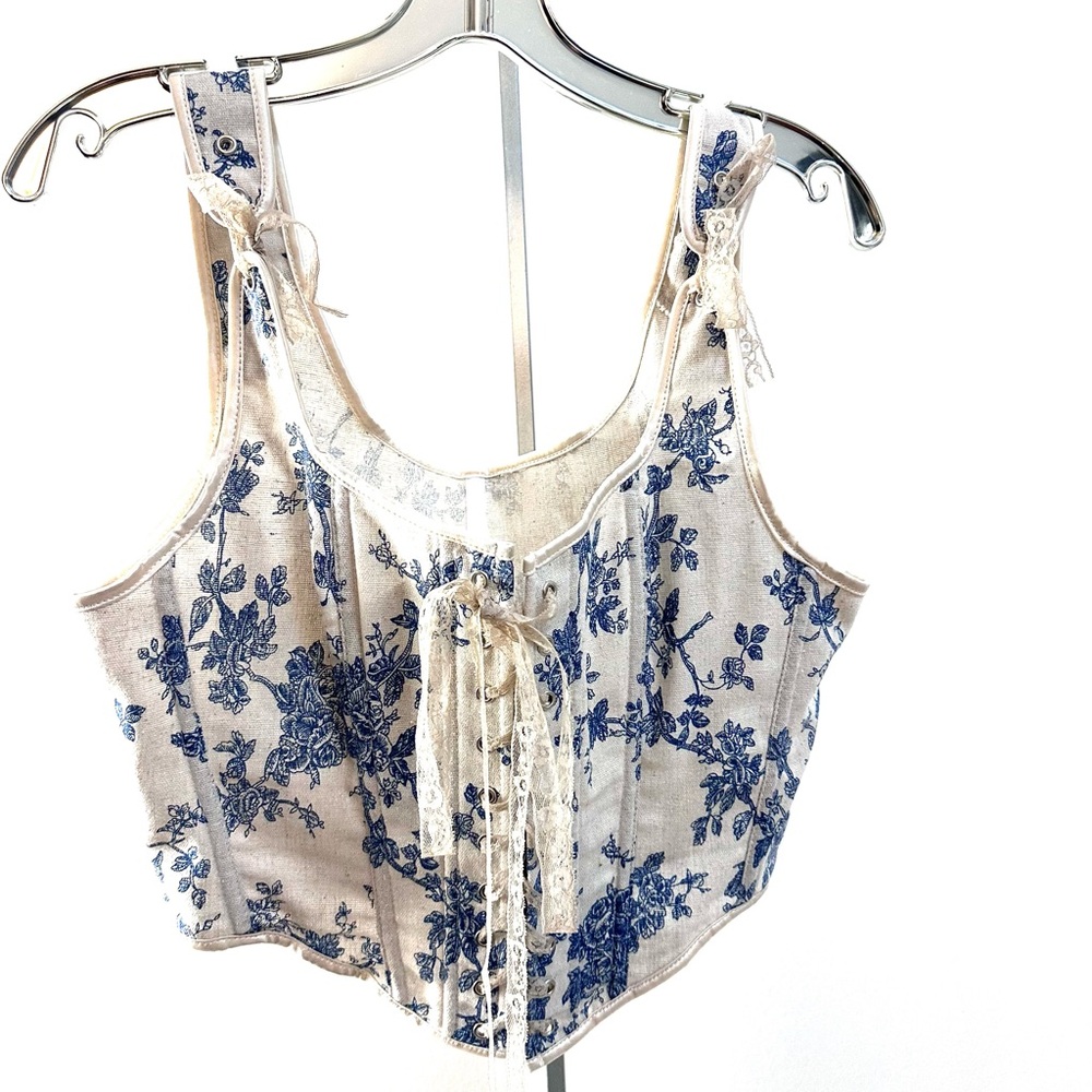 Women's Lace-Up Floral Corset Tank Top - Blue on Cream
